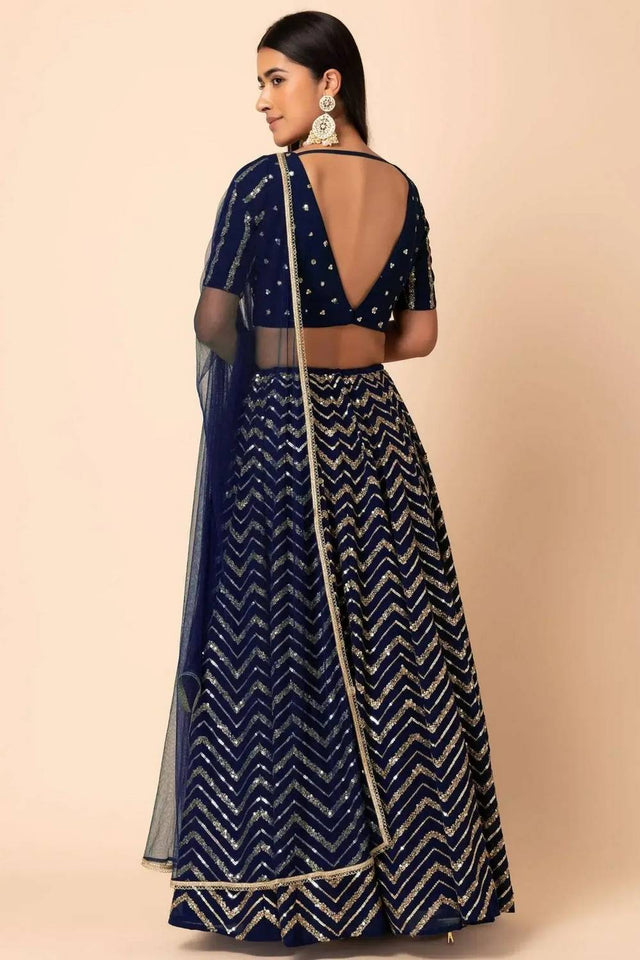 Navy Blue Sequin Georgette Lehenga
