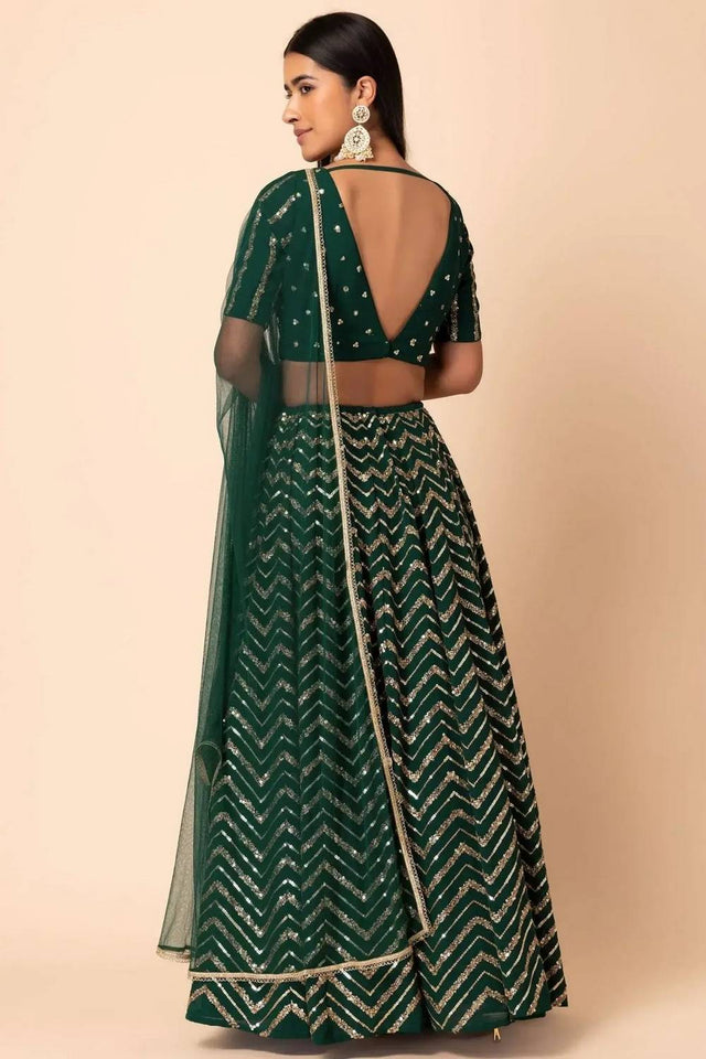 Green Sequin Georgette Lehenga
