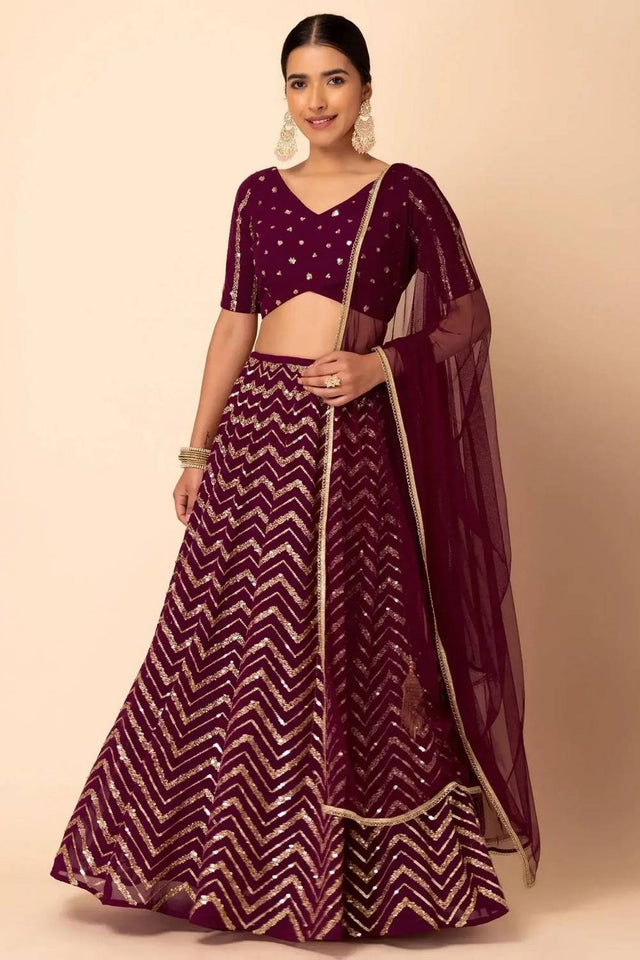 Maroon Sequin Georgette Lehenga