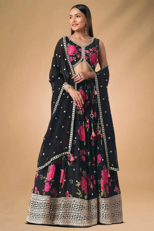Black Floral Printed Chinon Lehenga