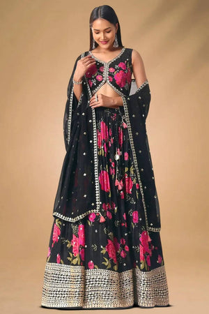 Black Floral Printed Chinon Lehenga