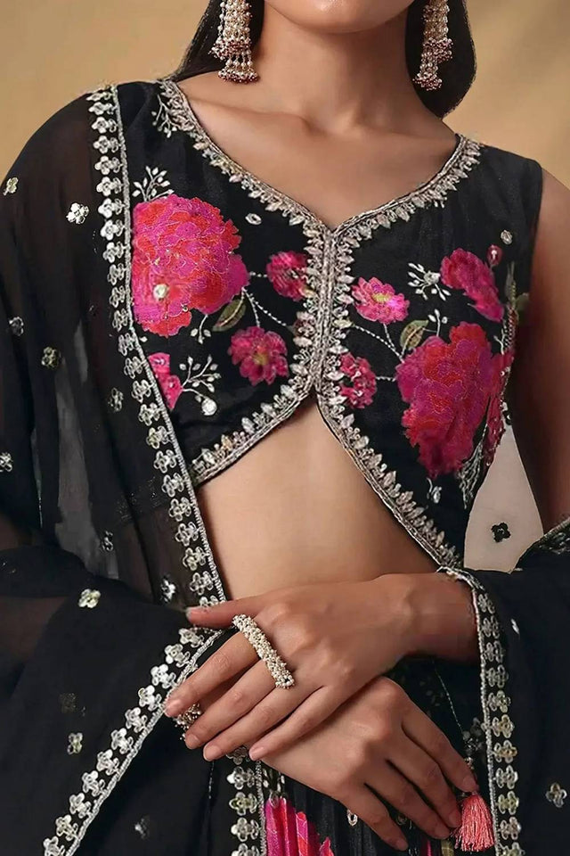 Black Floral Printed Chinon Lehenga
