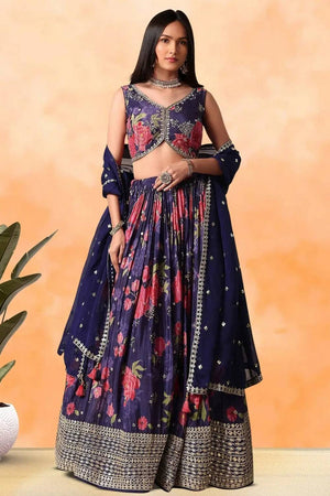 Violet Floral Printed Chinon Lehenga