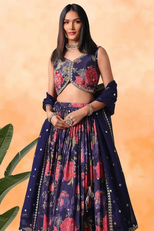 Violet Floral Printed Chinon Lehenga