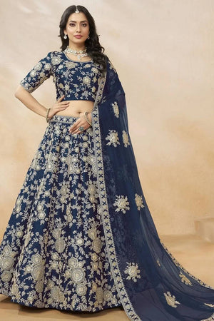 Navy Blue Floral Embroidered Silk Lehenga