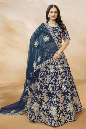 Navy Blue Floral Embroidered Silk Lehenga