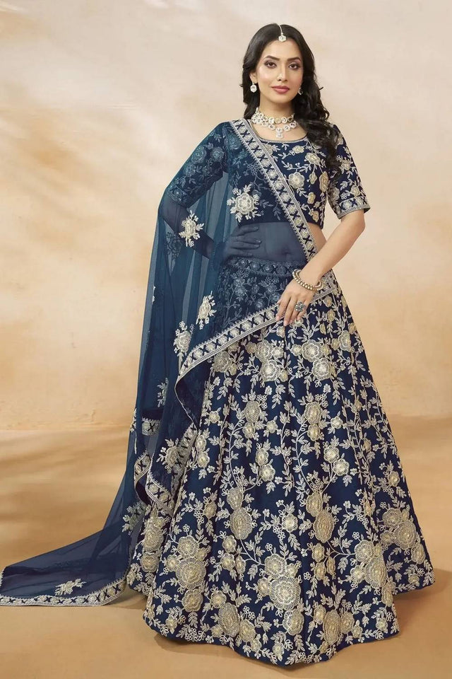Navy Blue Floral Embroidered Silk Lehenga