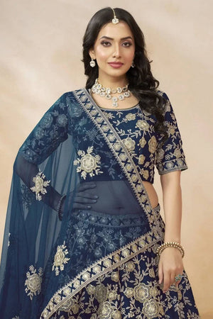 Navy Blue Floral Embroidered Silk Lehenga