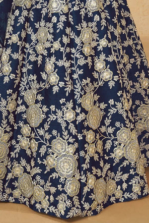 Navy Blue Floral Embroidered Silk Lehenga