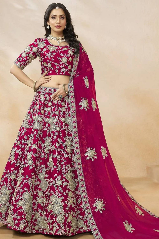 Pink Floral Embroidered Silk Lehenga