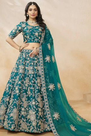 Green Floral Embroidered Silk Lehenga