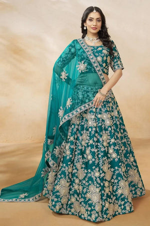 Green Floral Embroidered Silk Lehenga