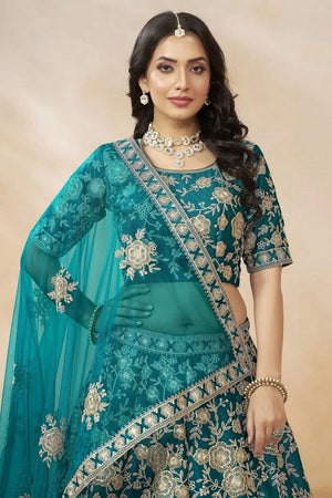Green Floral Embroidered Silk Lehenga