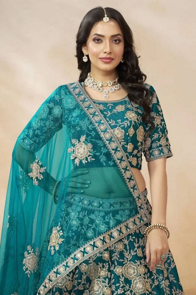 Green Floral Embroidered Silk Lehenga