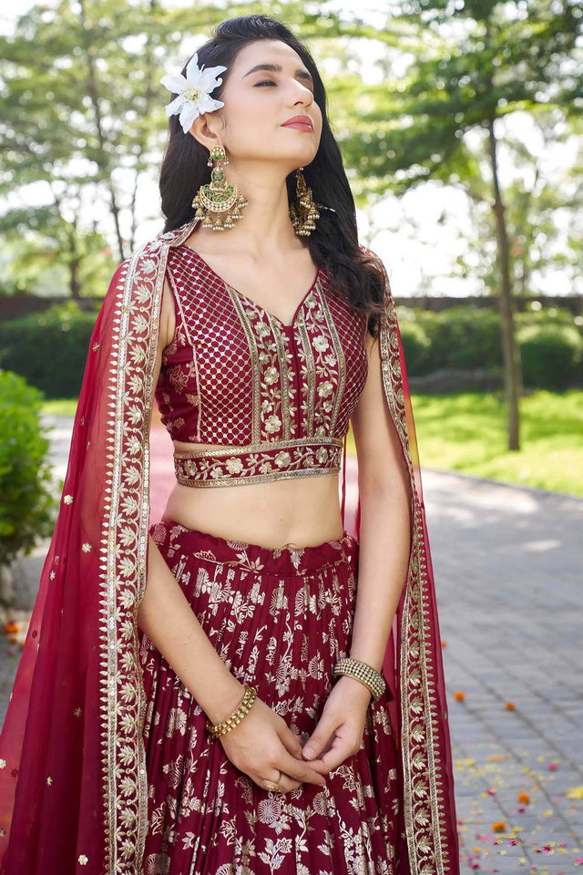 Maroon Banarasi Silk Lehenga