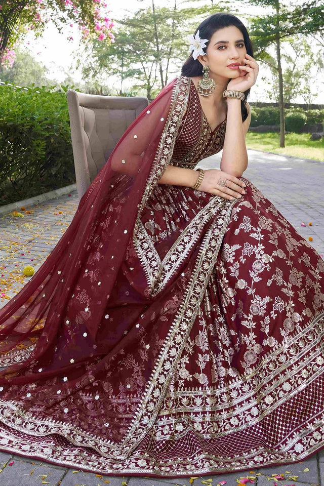 Maroon Banarasi Silk Lehenga