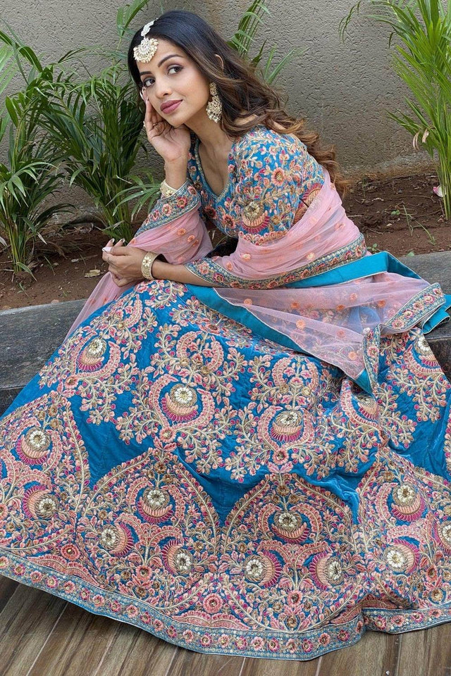 Blue Banarasi Velvet Lehenga