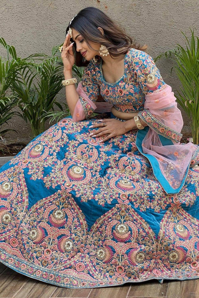 Blue Banarasi Velvet Lehenga