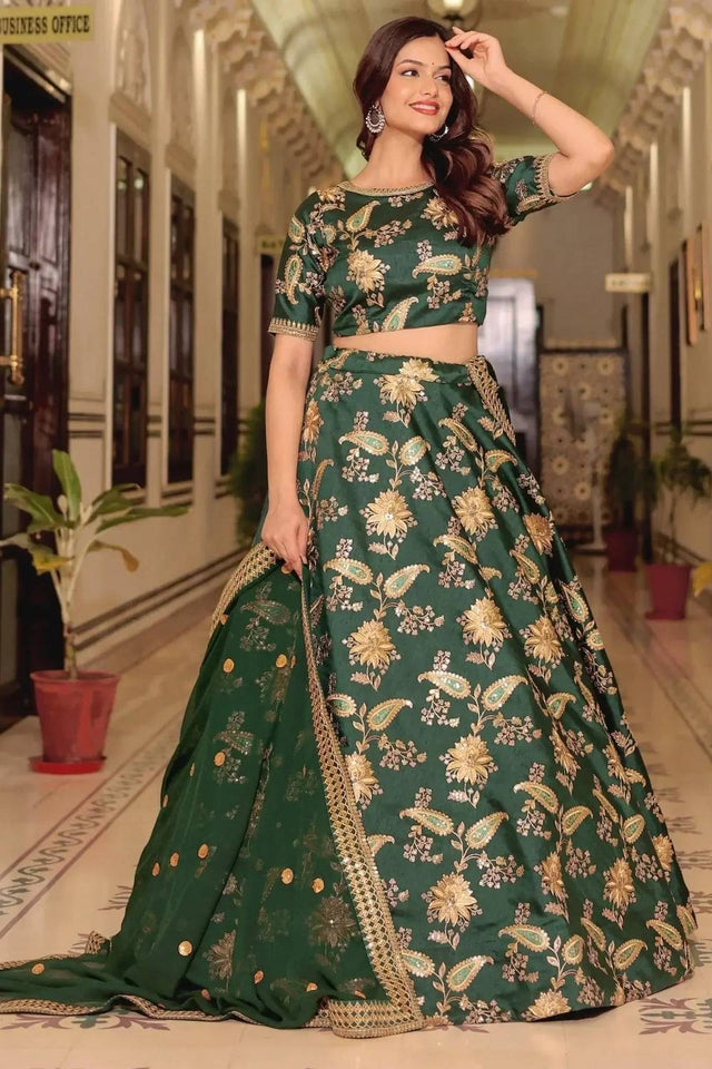 Green Banarasi Silk Lehenga