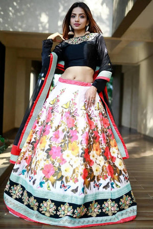 Multi Color Floral Printed Silk Lehenga
