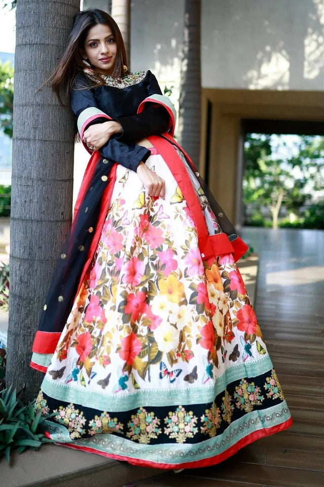 Multi Color Floral Printed Silk Lehenga