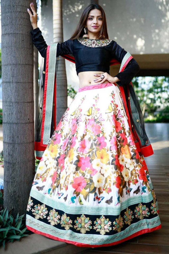 Multi Color Floral Printed Silk Lehenga