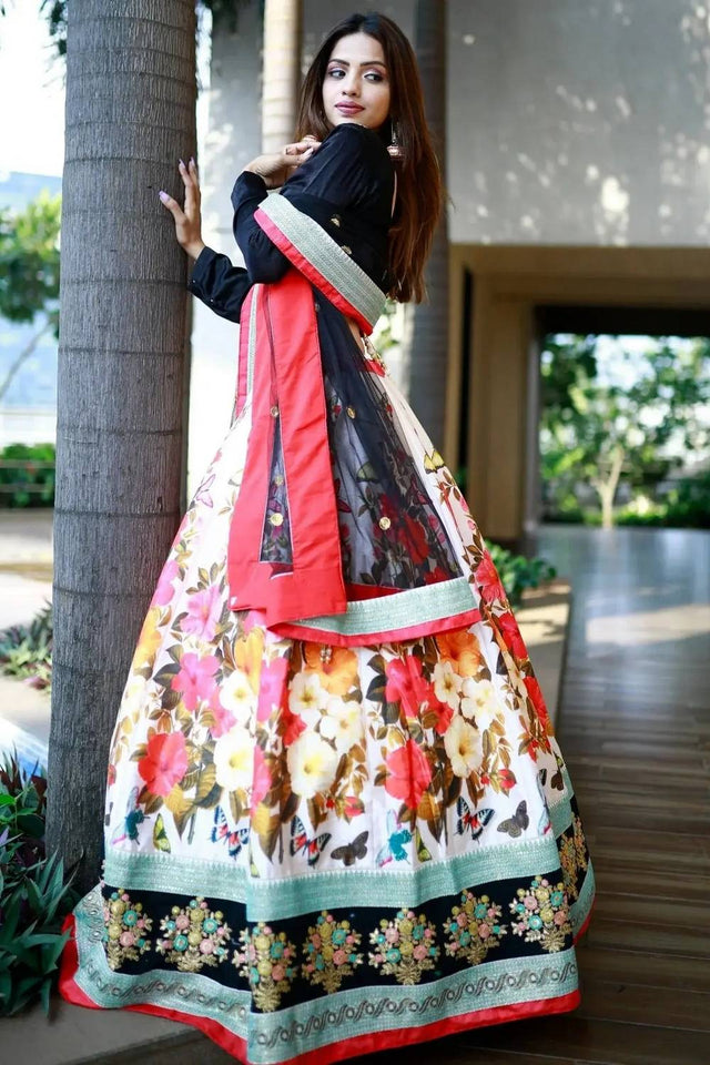 Multi Color Floral Printed Silk Lehenga