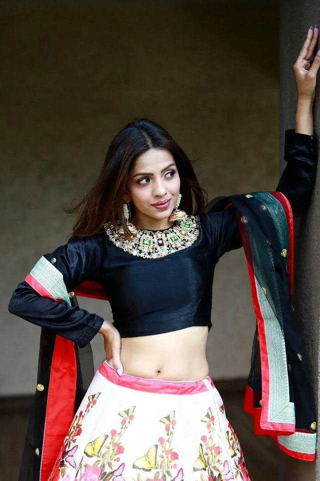 Multi Color Floral Printed Silk Lehenga