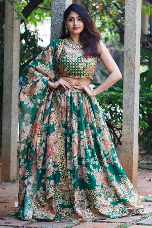 Green Floral Printed Organza Lehenga