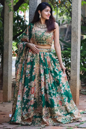 Green Floral Printed Organza Lehenga