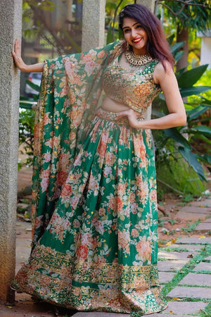 Green Floral Printed Organza Lehenga