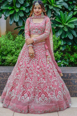Pink Embroidered Net Lehenga