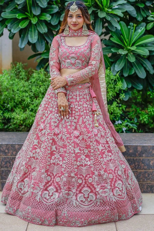 Pink Embroidered Net Lehenga