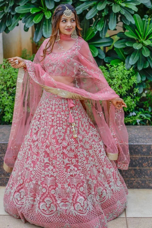 Pink Embroidered Net Lehenga