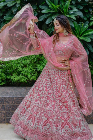 Pink Embroidered Net Lehenga