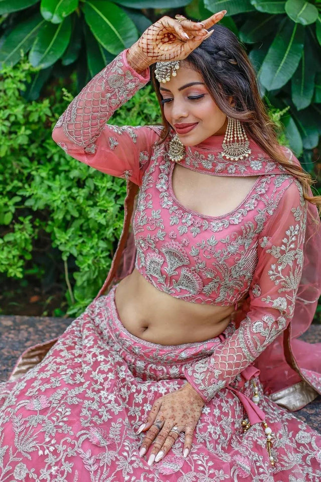 Pink Embroidered Net Lehenga