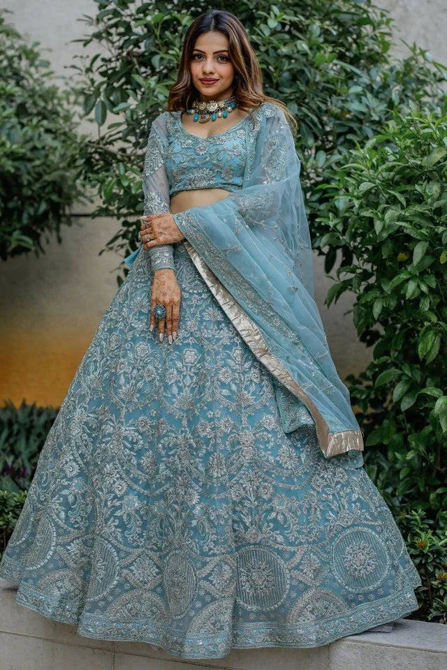 Blue Embroidered Net Lehenga