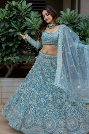 Blue Embroidered Net Lehenga