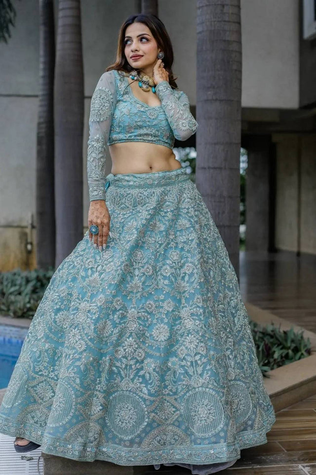 Blue Embroidered Net Lehenga