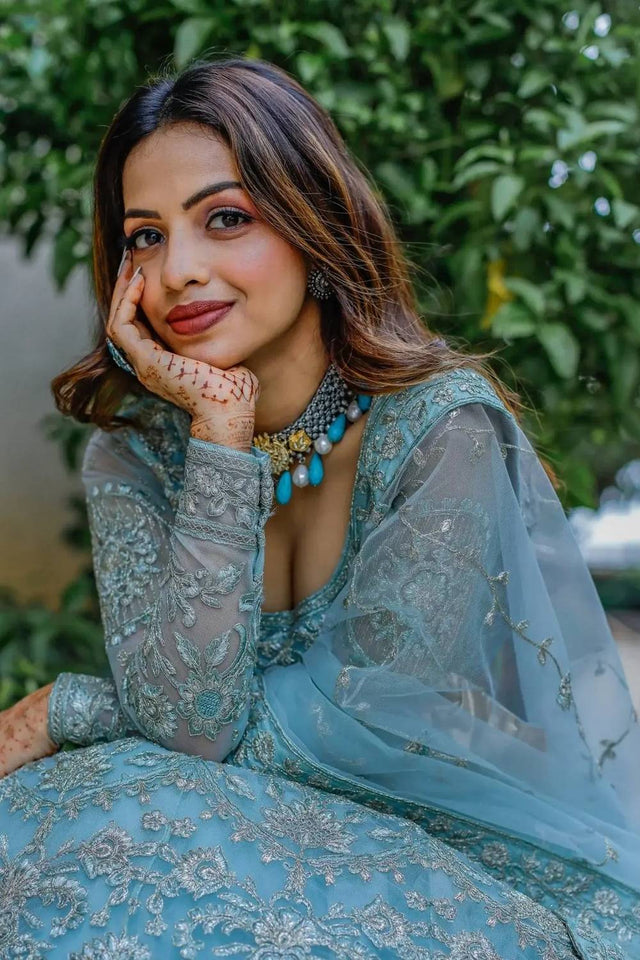 Blue Embroidered Net Lehenga