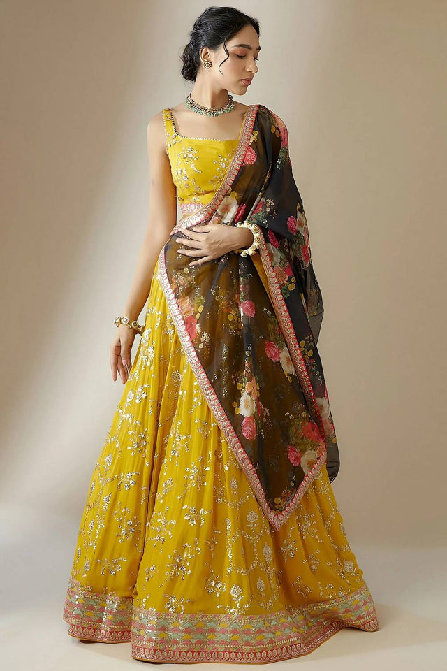 Yellow Embroidered Georgette Lehenga