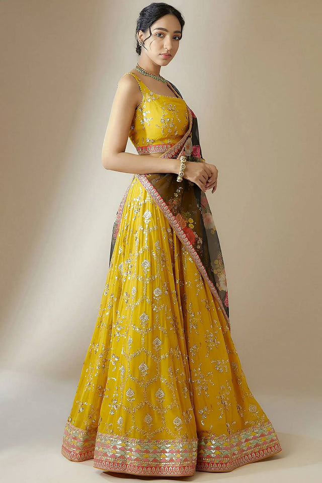 Yellow Embroidered Georgette Lehenga