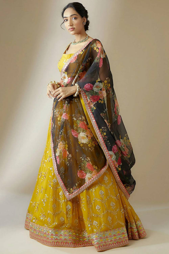Yellow Embroidered Georgette Lehenga