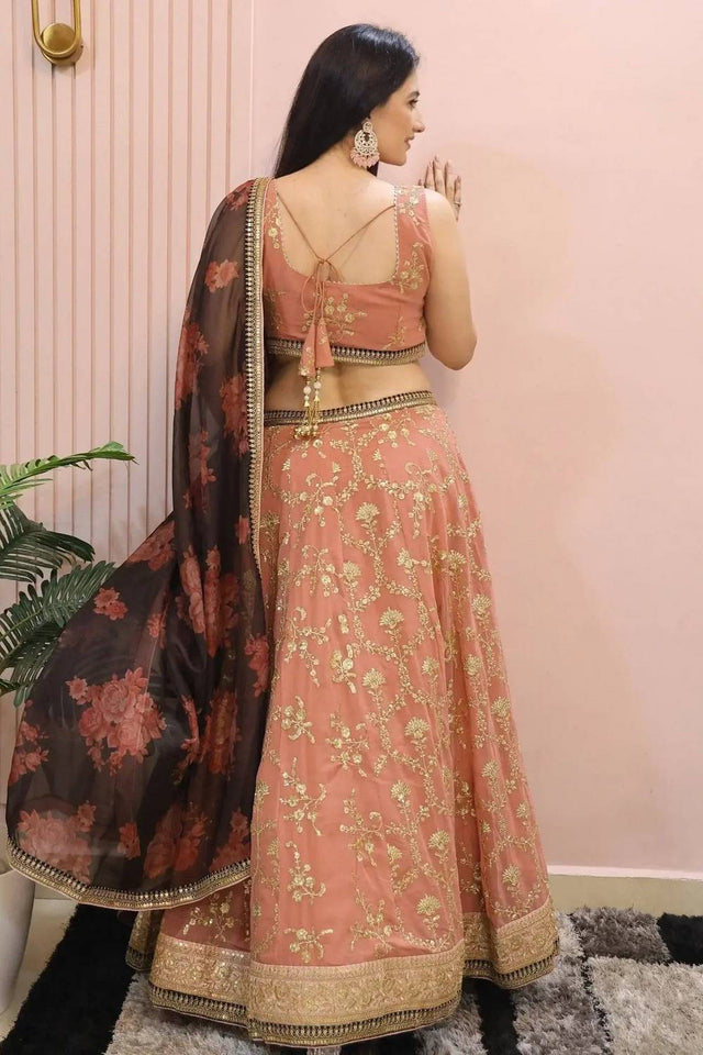 Pink Embroidered Georgette Lehenga