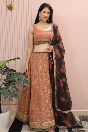 Pink Embroidered Georgette Lehenga