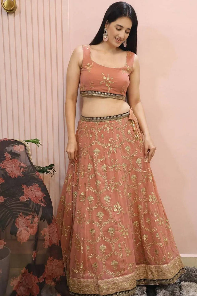 Pink Embroidered Georgette Lehenga