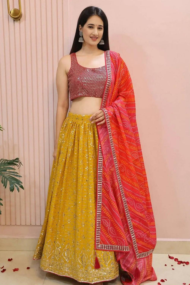 Yellow Sequin Georgette Lehenga