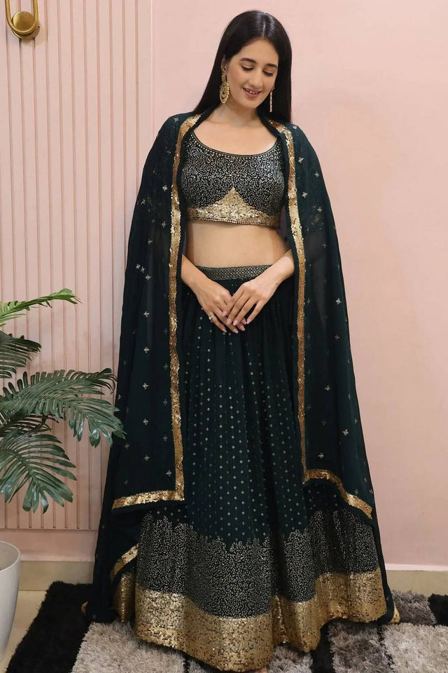 Green Sequin Georgette Lehenga