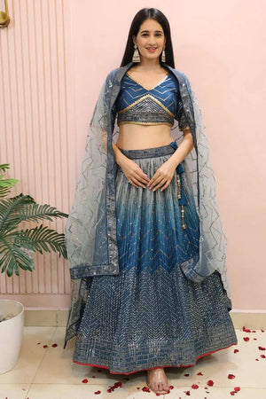 Blue Sequin Chinon Lehenga