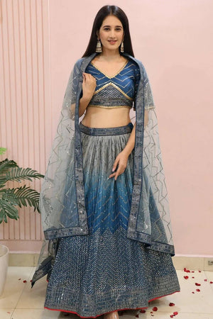 Blue Sequin Chinon Lehenga
